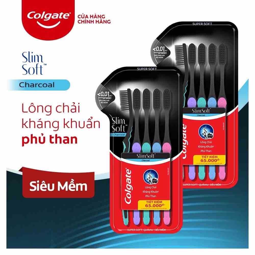 Bộ 10 Bàn chải đánh răng Colgate than hoạt tính kháng khuẩn SlimSoft Charcoal mềm mảnh