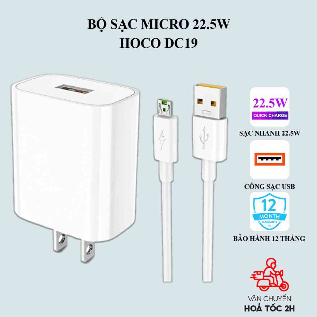 Bộ sạc nhanh Micro Hoco DC19 22.5W hỗ trợ PD QC 3.0 VOOC cho điện thoại Android: Samsung, Oppo, Vivo... dùng cổng Micro