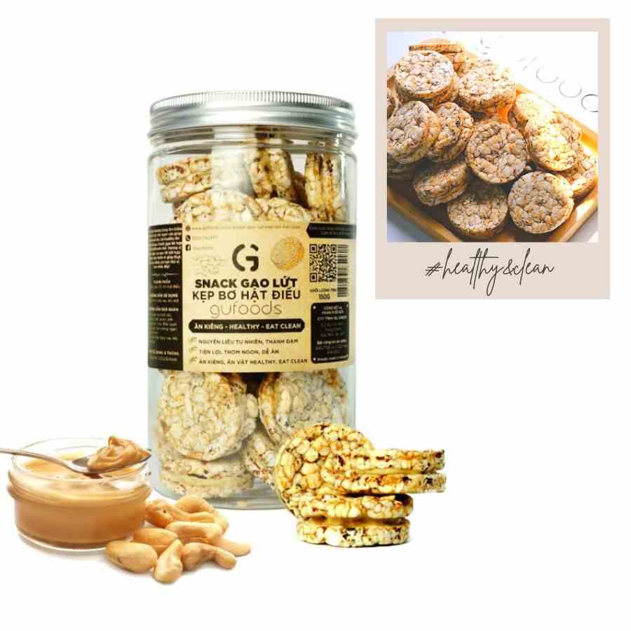 Snack gạo lứt kẹp bơ hạt GUfoods (bơ điều/bơ đậu phộng) - Ăn kiêng, Ăn vặt healthy, Lành mạnh, Eat clean (80g/150g)