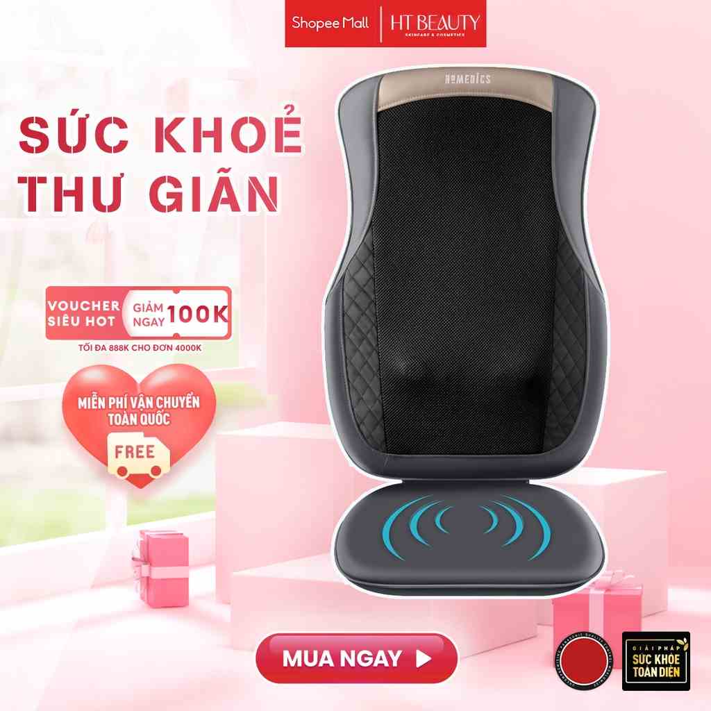 Đệm ghế massage 3D kèm nhiệt rung nhà HT Beauty MCS-624 Homedics, máy massage chuyên sâu vùng lưng cột sống, pin sạc