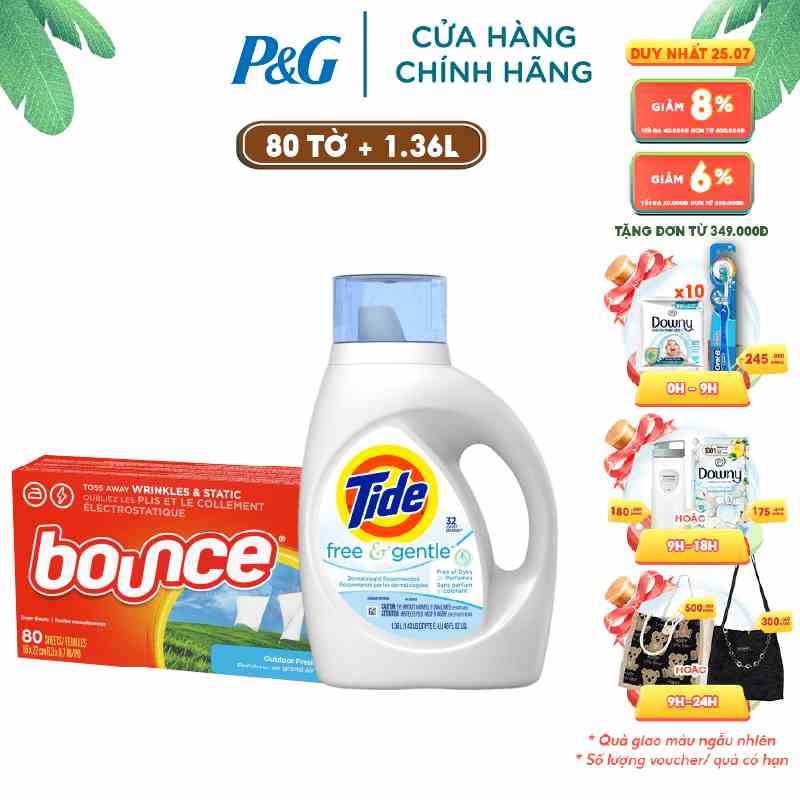 Bộ đôi Combo  Nước giặt Tide Free&Gentle dành cho da nhạy cảm 1.36 L và Giấy sấy thơm quần áo Bounce 80 tờ