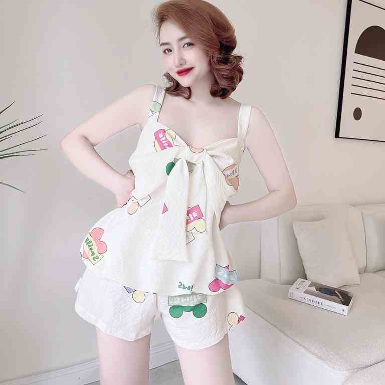 [Mã BMLT30 giảm đến 30K đơn 299K] Bộ Đồ Ngủ Nữ Đũi Xốp Bí Nơ SOJUN Vải Đũi Xốp Size 40-65Kg