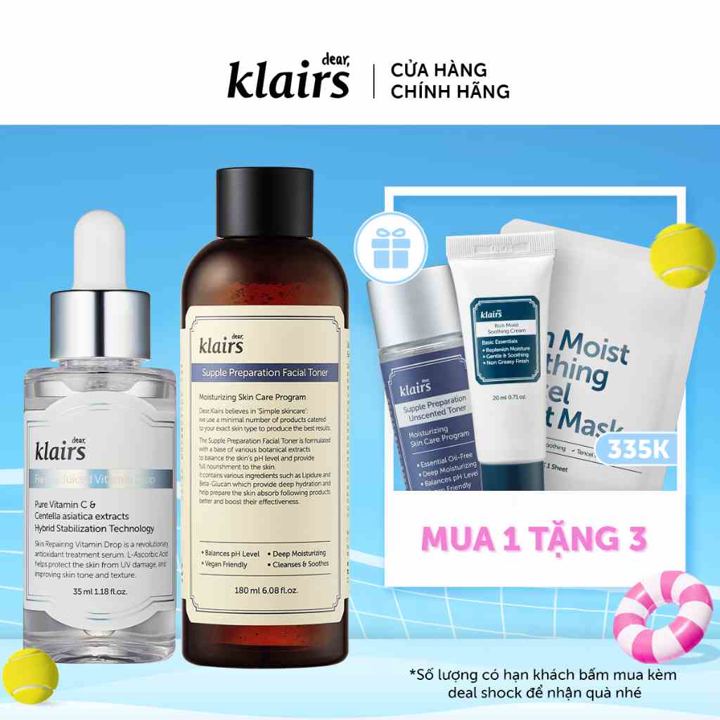 Combo Dear, Klairs Nước hoa hồng Supple Preparation Facial Toner 180ml+Tinh chất Freshly Juiced Vitamin Drop 35ml