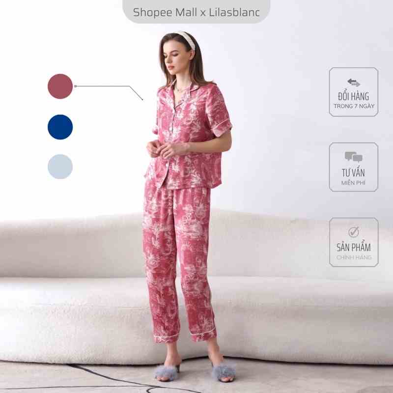 Bộ Pyjamas Nữ Mặc Nhà Áo Cộc Quần Dài Chất Liệu Lụa Màu Đỏ In Họa Tiết Christian Rose LILAS BLANC