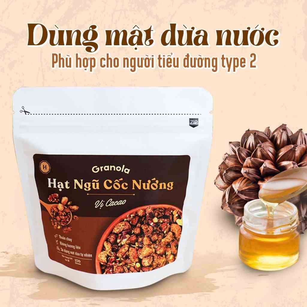 Granola nướng giòn tan, Vị Cacao, Túi 150g, Dùng mật dừa nước, 0 trái cây sấy, GI Thấp - Hạt ngũ cốc giảm cân- Heyday