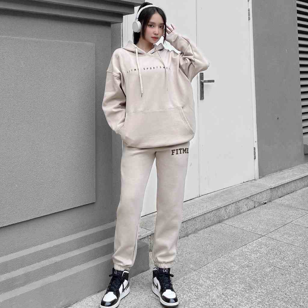 Set quần áo thể thao nữ Fitme áo khoác Hoodie Be, quần Jogger nỉ Be cạp cao hỗ trợ tập yoga tốt