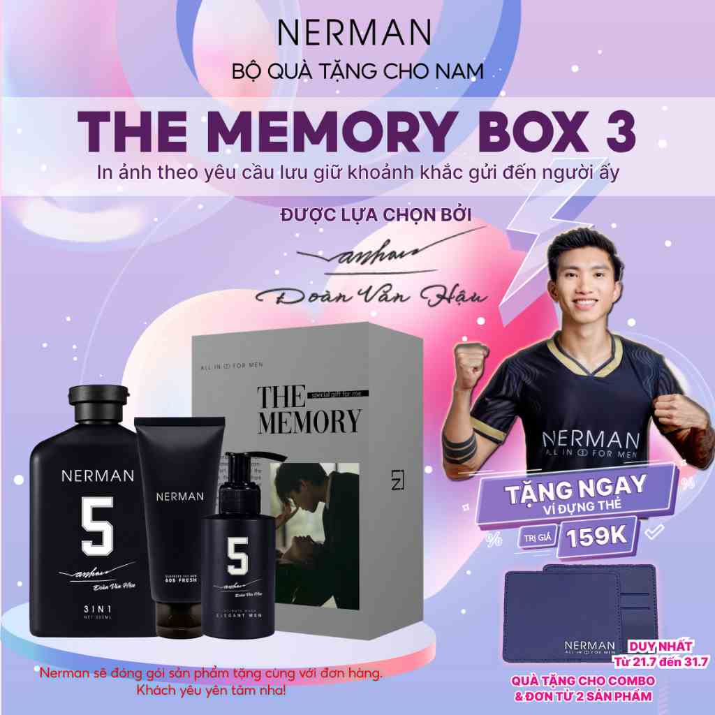 Bộ quà tặng nam giới in ảnh yêu thương THE MEMORY BOX Nerman-Sữa tắm gội 350ml&Gel vệ sinh nam 100ml&Gel rửa mặt 100ml