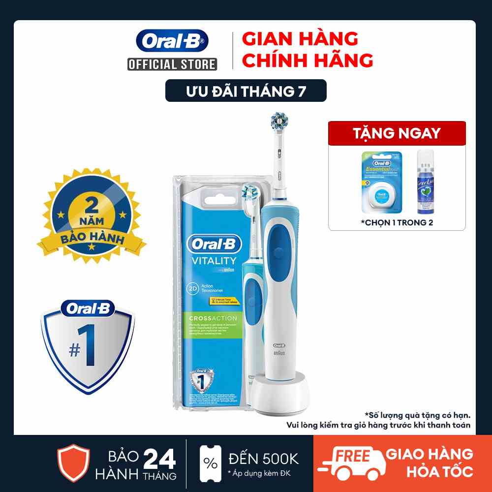 Bàn chải đánh răng điện Oral-B Vitality CrossAction Blue D12.513- Hàng chính hãng 100% Bảo hành 24 tháng