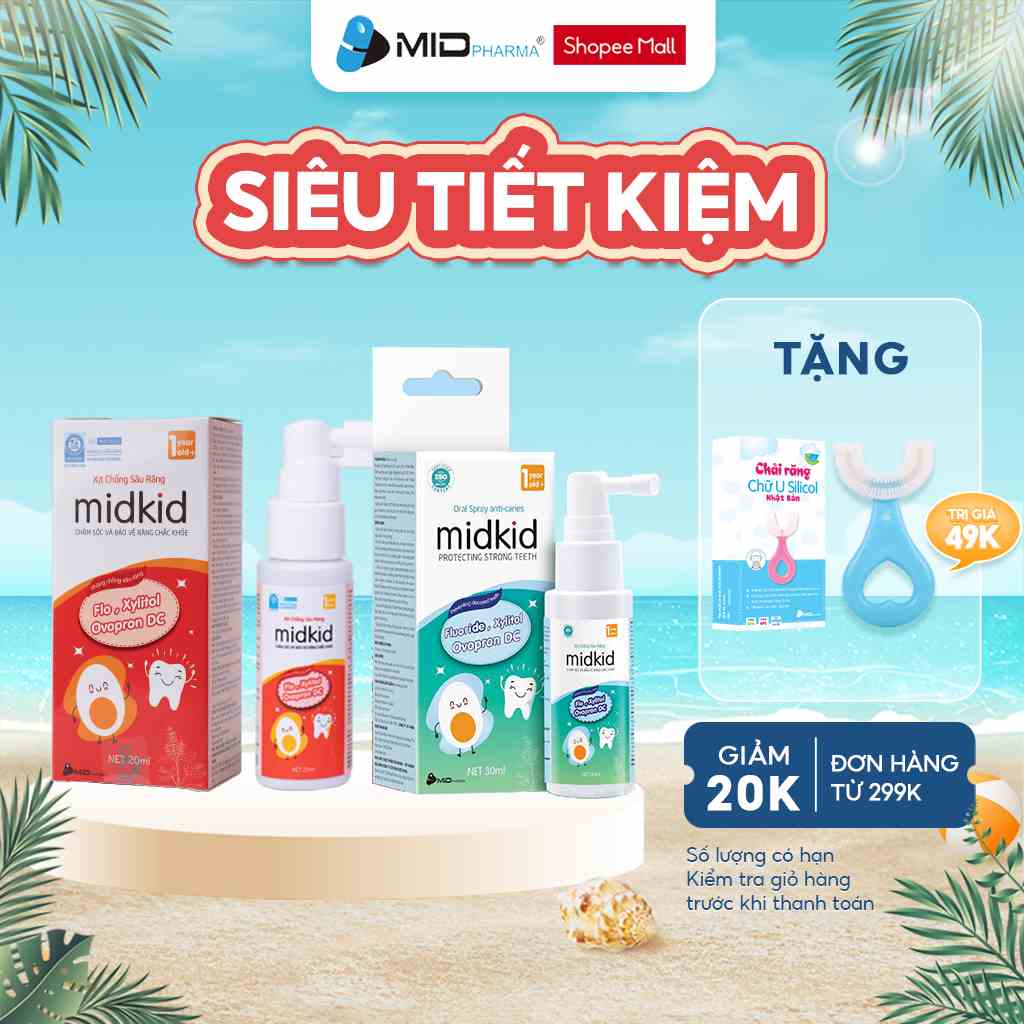 2 hộp Xịt chống sâu răng Midkid vị NHO và TÁO ĐỎ cho bé từ 1 tuổi nuốt được an toàn cho bé, giúp làm sạch và bảo vệ răng