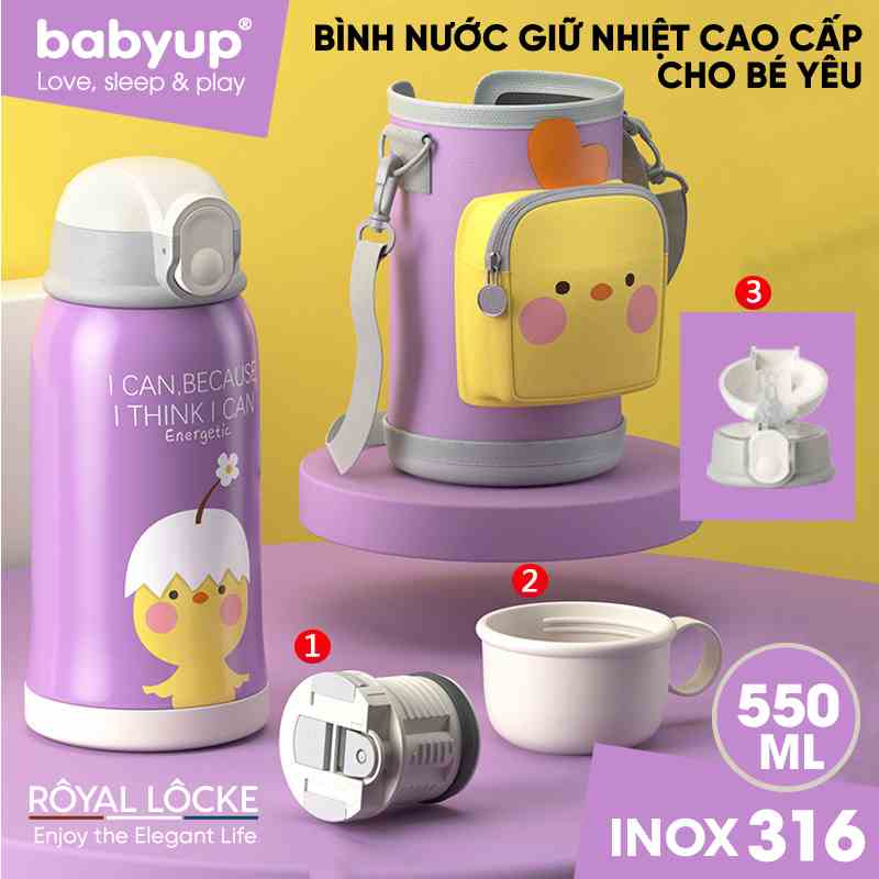 Bình giữ nhiệt cho bé đi học Cao cấp 550ml ROYAL LOCKE 304. Có Ống Hút Nước tặng kèm ca, nắp giữ nhiệt và túi đeo