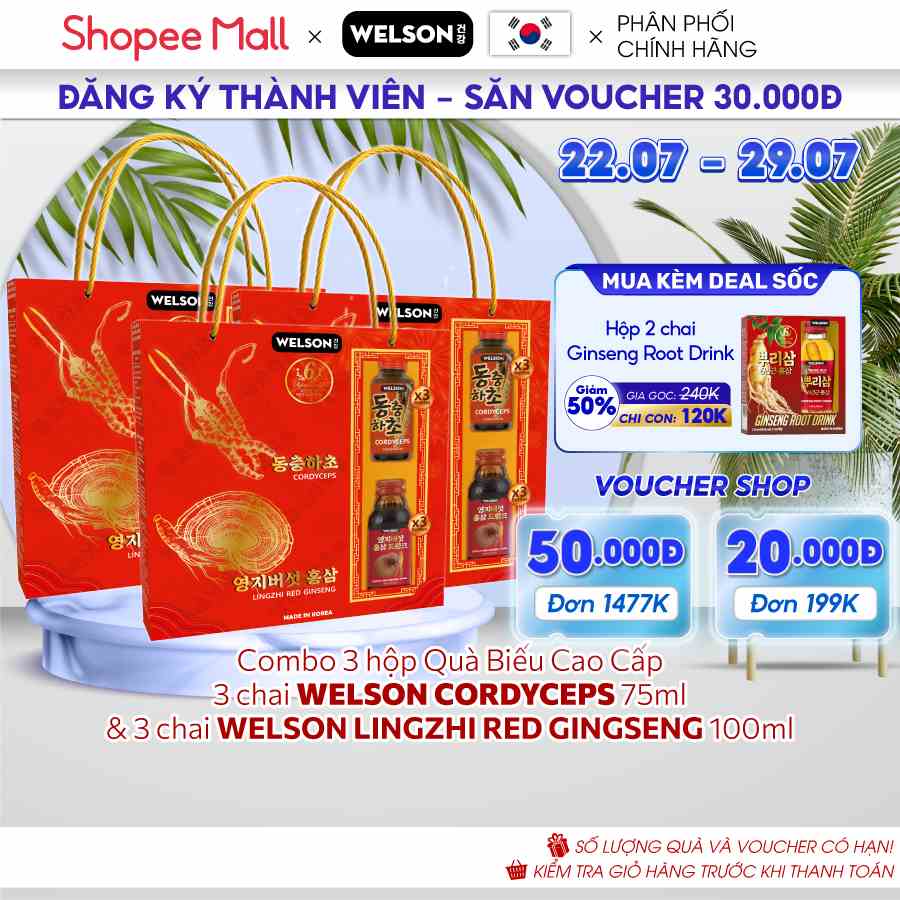 Combo 3 Hộp Quà Biếu Cao Cấp Tăng Cường Sức Khoẻ Welson Cordyceps 75ml & Welson Lingzhi 100ml