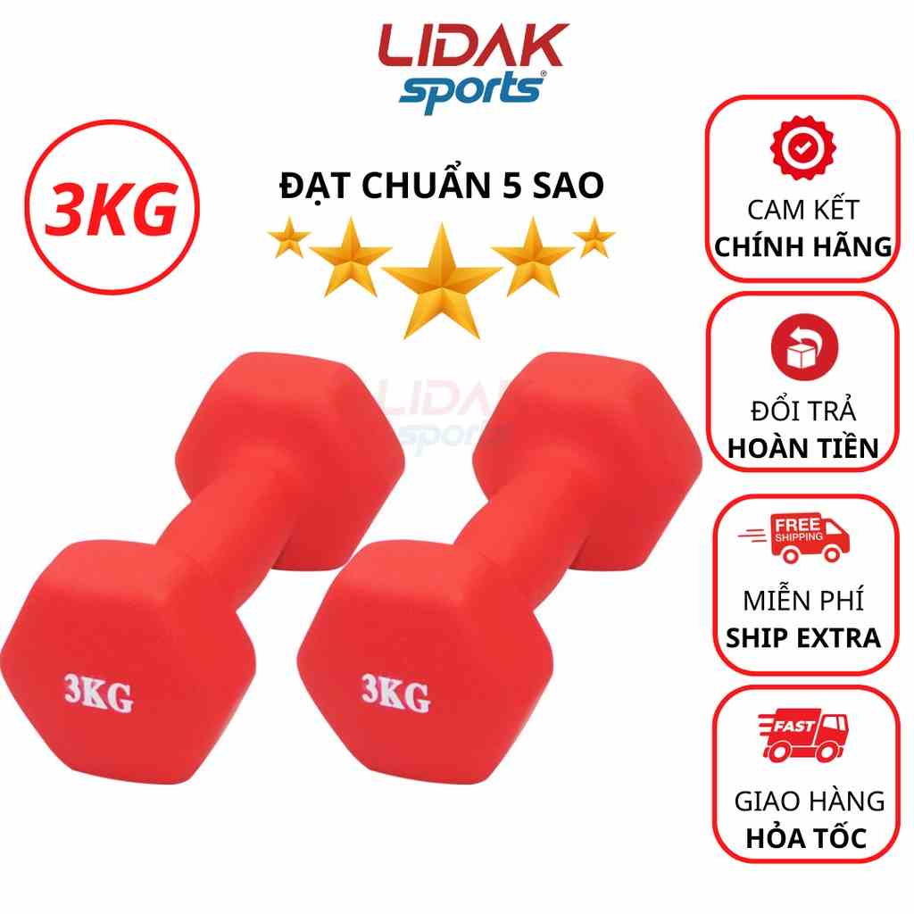 Tạ tay cho nữ 3kg Lidak, tập yoga bọc cao su nhung mịn chống trơn tập Gym - LIDAK SPORT