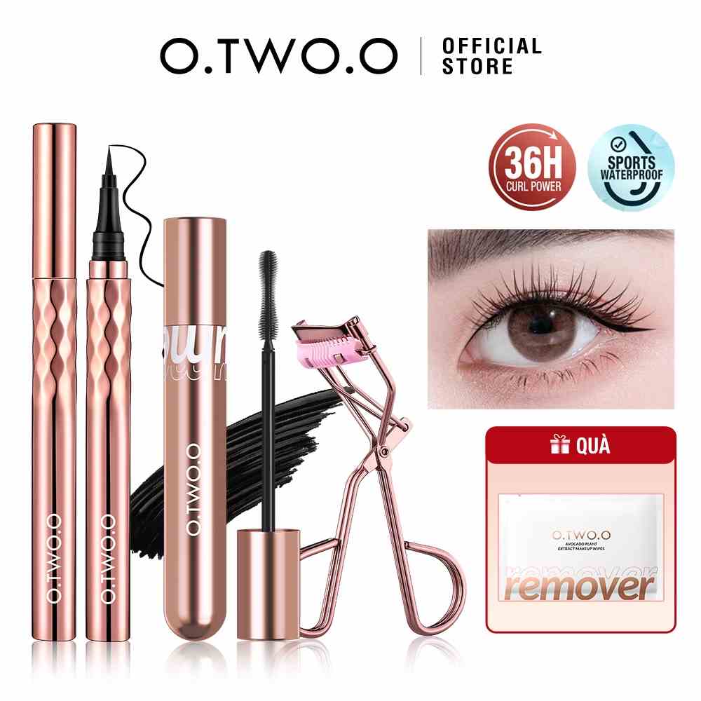 Set mỹ phẩm O.TWO.O mascara bút kẻ mắt dụng cụ kẹp bấm cong lông mi và bông tẩy trang 120g