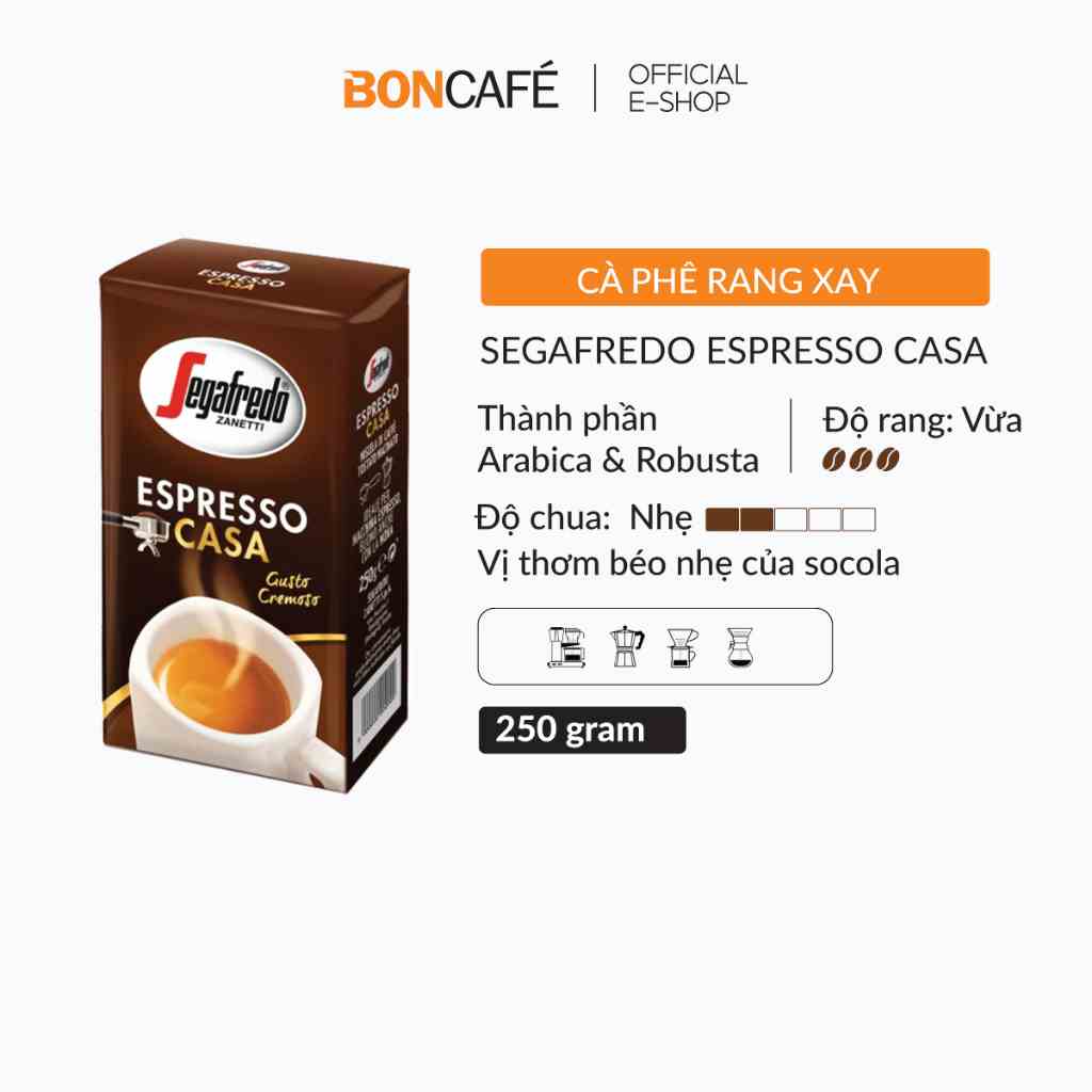 Cà phê rang xay nguyên chất Arabica & Robusta rang vừa vị socola Segafredo Espresso Casa 250g/hộp