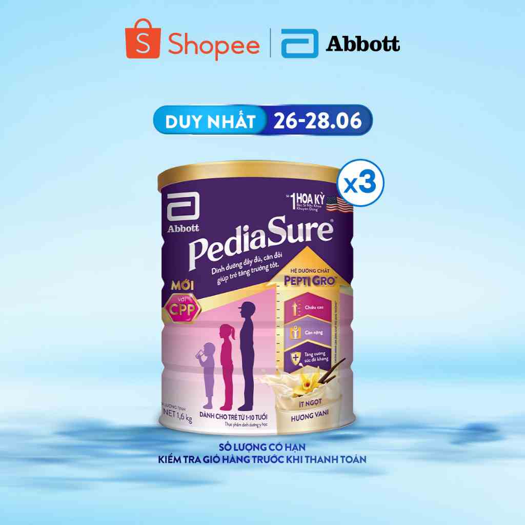 Bộ 3 Sữa bột Pediasure 1.6kg hương vani/lon