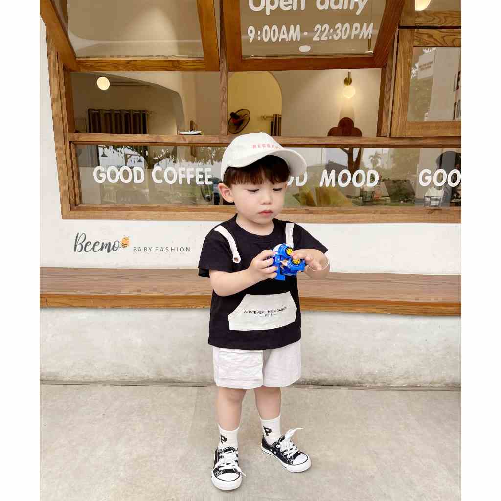 Bộ quần áo Cotton xược cho bé trai Beemo,chất liệu siêu thấm mồ hôi,thiết kế lạ mắt phối đai và túi trước bụng B311