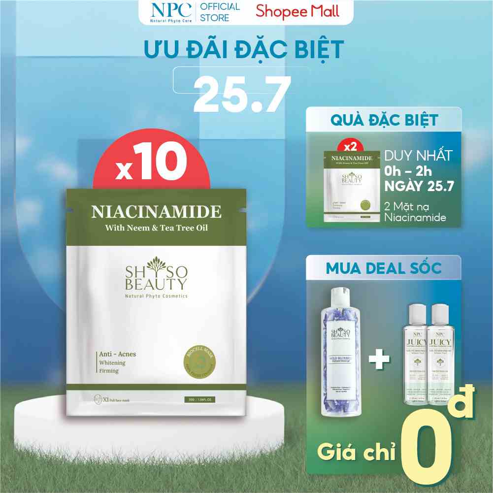 Hộp 10 miếng mặt nạ SHSO Beauty Biocell Niacinamine 4% làm trắng nhanh, chiết xuất lá Neem và tinh dầu tràm