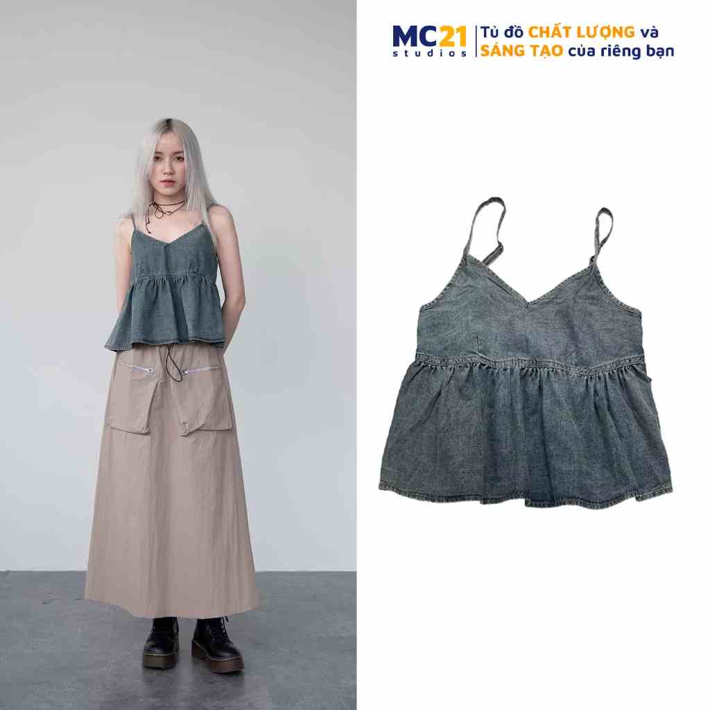 Áo 2 dây jean MC21.STUDIOS Ulzzang Streetwear Hàn Quốc có khoá chỉnh độ dài dây vải thun denim bò xịn A3636