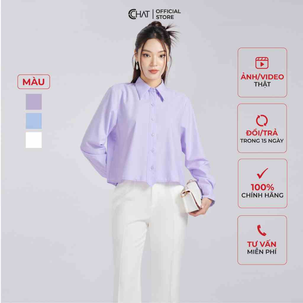 Áo Sơ Mi Nữ 𝐂𝐂𝐇𝐀𝐓 Kiểu Nẹp Nhọn Croptop Dáng Suông Chất Mango Cao Cấp 53FDE2030ST