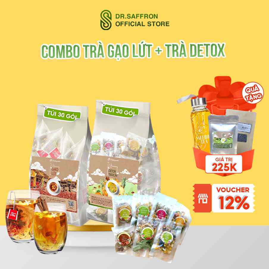 Set 60 gói trà gạo lứt đỗ đen và trà trái cây thương hiệu Mộc Hương Sơn kèm quà tặng, hương vị thơm ngon dễ uống.