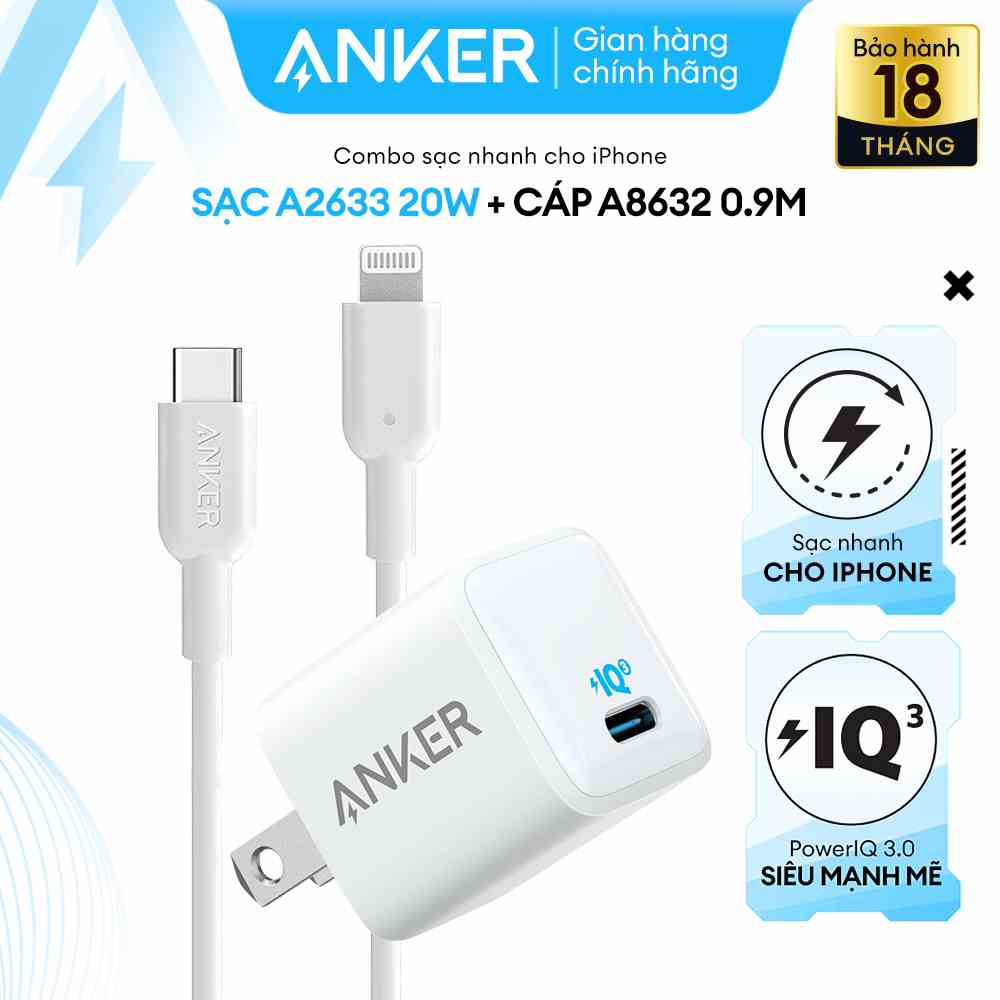 Combo Bộ Sạc Cáp Anker Sạc Nhanh Power IQ 3.0 20W Chuẩn MFI Dành Cho iPhone 8 Trở Lên - A2633 + A8632