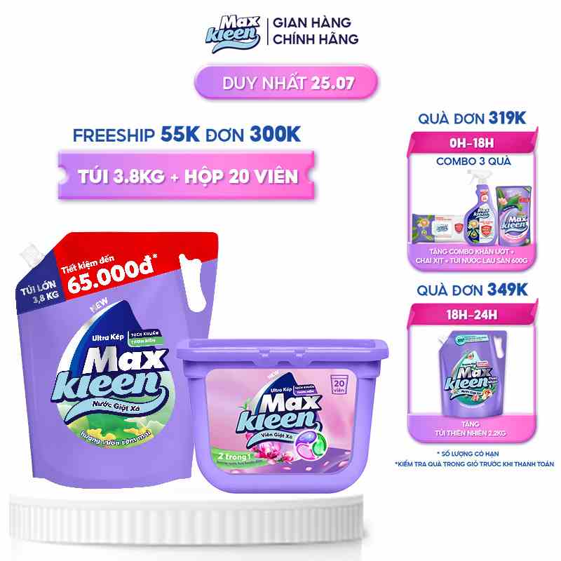 Combo Túi Nước Giặt Xả MaxKleen Sớm Mai 3.8kg + Hộp Viên Giặt Xả Huyền Diệu (20 viên/hộp)