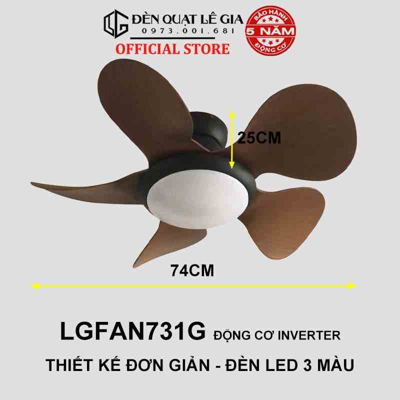 Quạt Trần Mini Gió Mạnh LÊ GIA LGFAN731G - Chiều Cao 25cm - Sải Cánh 74cm - Bảo Hành 5 Năm