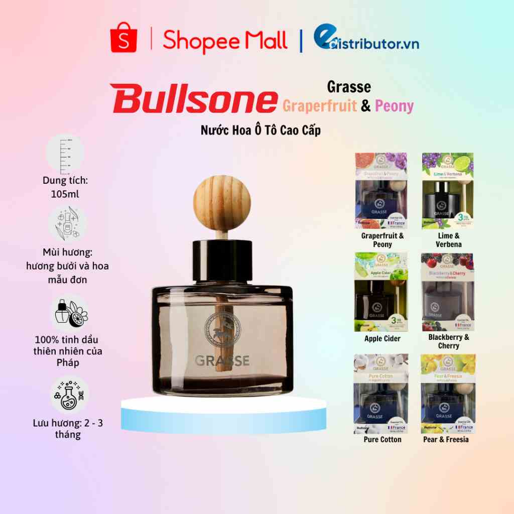 Nước Hoa Ô Tô Cao Cấp Bullsone Grasse Diffuser Grapefruit & Peony/Blackberry Cherry/..110ml - Hàng Chính Hãng