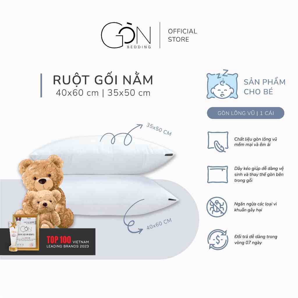 Ruột Gối Nằm Em Bé Gòn Bedding Gòn Lông Vũ 40x60 cm | 35x50 cm Chuẩn Khách Sạn 4-5* (size nhỏ, siêu êm cho bé)