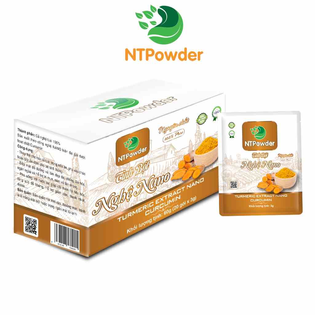 [Hộp 20 gói x 3g] Tinh Bột Nghệ Nano Curcumin sấy lạnh nguyên chất NTPowder 60g - Nhất Tín Food