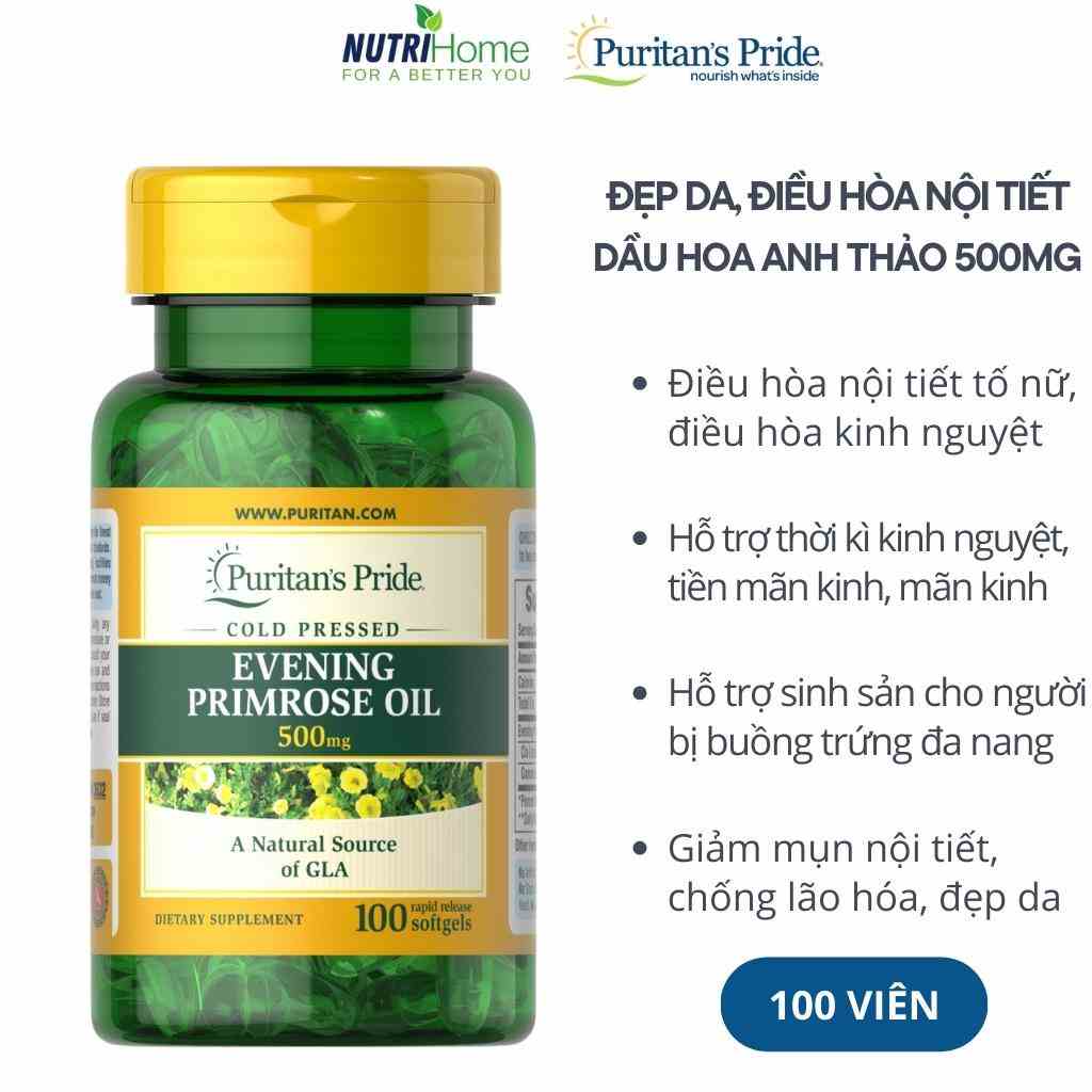 Viên uống dầu anh thảo Evening Primrose Oil 500mg Puritan’s Pride điều hòa nội tiết tố nữ, đẹp da (Nutri Home)(100 viên)