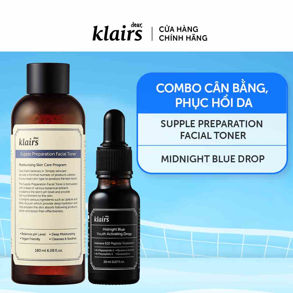 Combo Dear,Klairs Nước hoa hồng Supple Preparation Facial Toner 180ml+Tinh chất Midnight Blue Youth Activating Drop 20ml