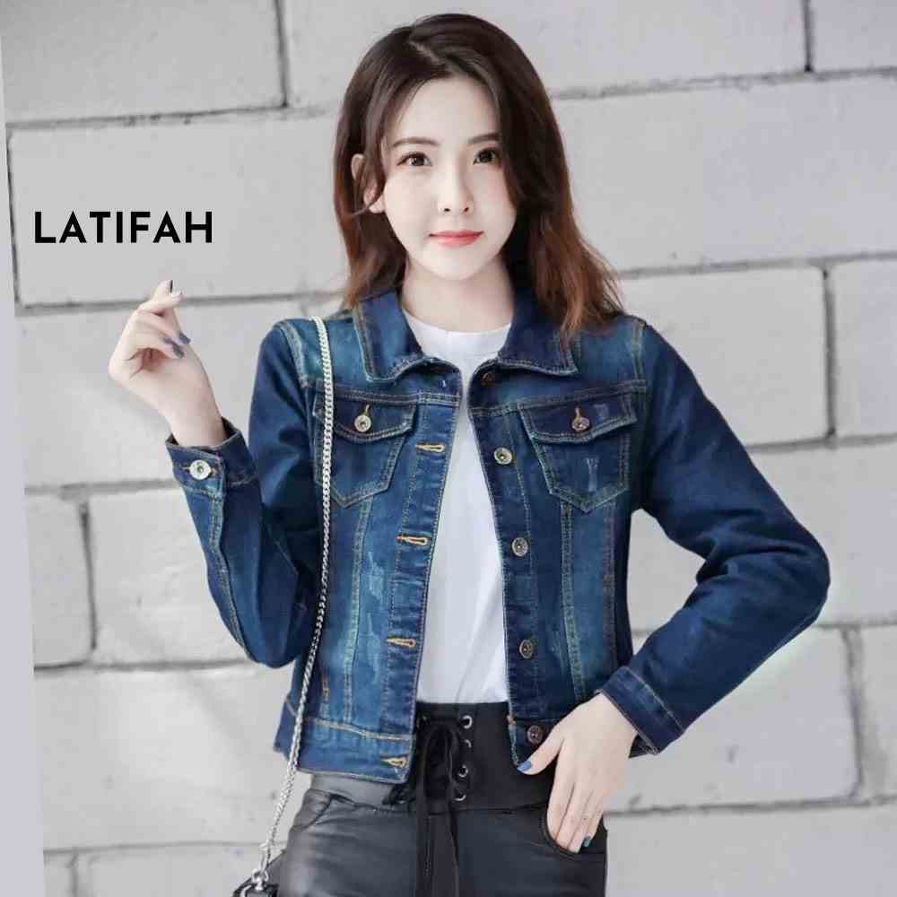 Áo khoác jean nữ LATIFAH co giãn xanh đậm mài xước AK315