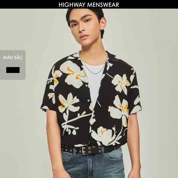 Áo sơ mi ngắn tay nam mềm mịn Highway (Menswear) Pansy Đen Hoa