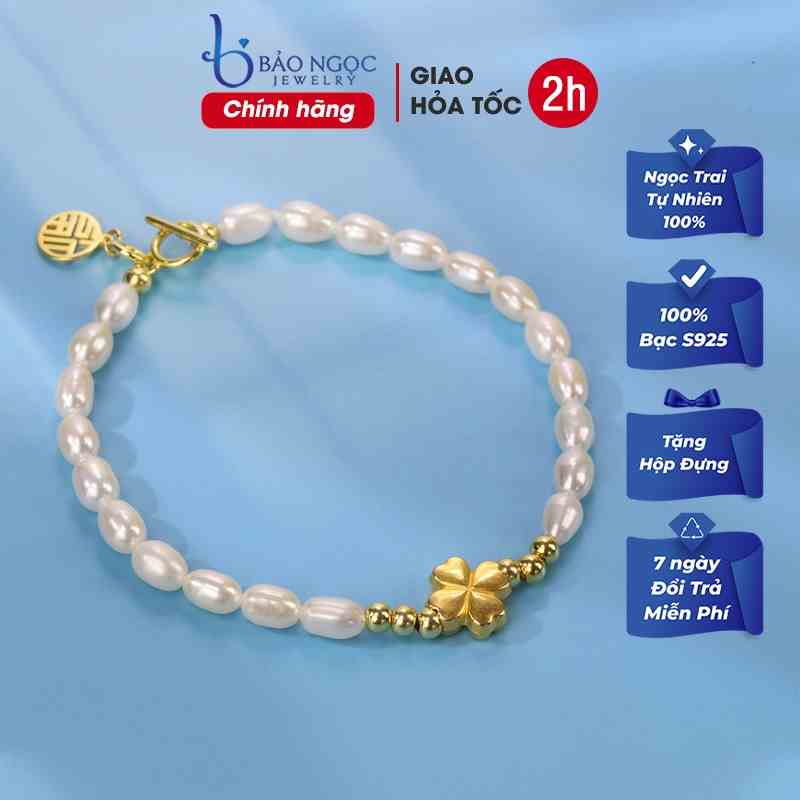 Vòng tay ngọc trai nuôi , hạt ngọc nhí 5mm mix charm cỏ 4 lá may mắn bạc s925 LT2776 - Bảo Ngọc Jewelry