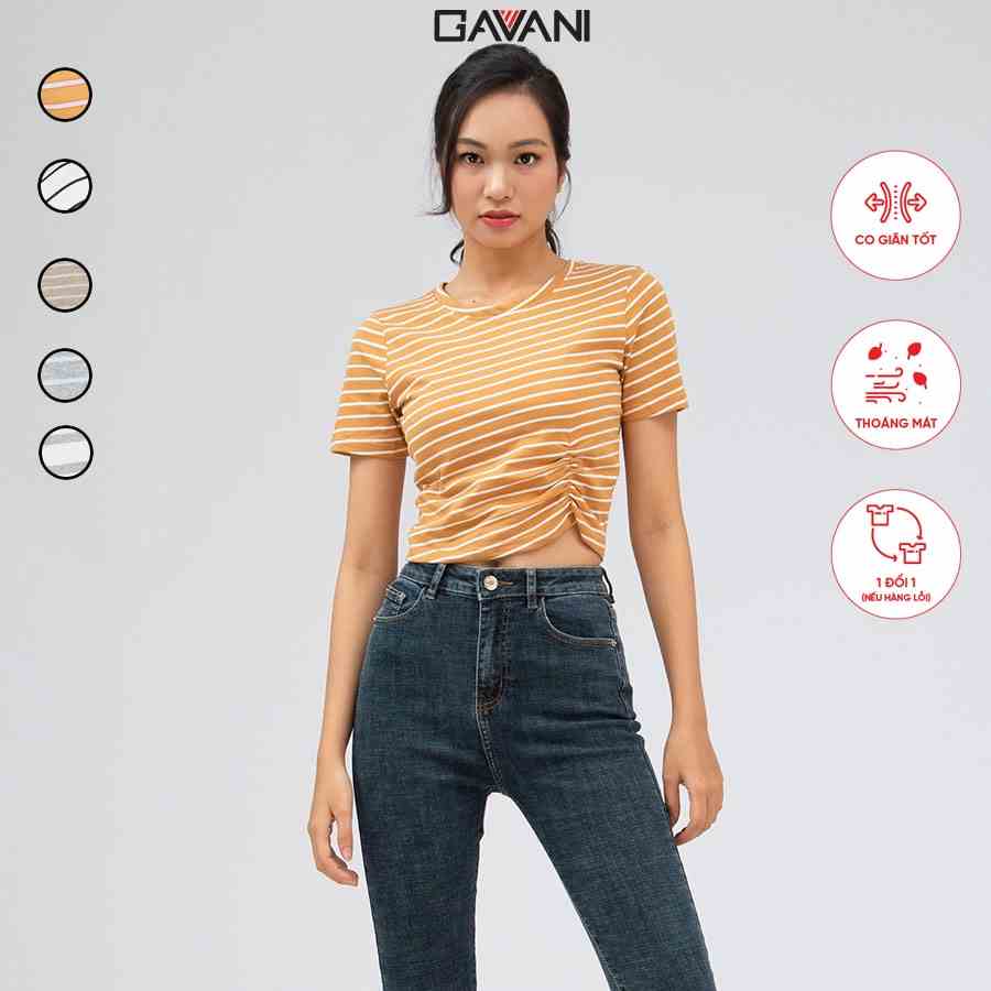 [Mã BMLTB35 giảm đến 35K đơn 99K] Áo thun nữ croptop cổ tròn ôm, tay ngắn và nhún thun lai áo_Gavani_STRIPE COLOUR 3