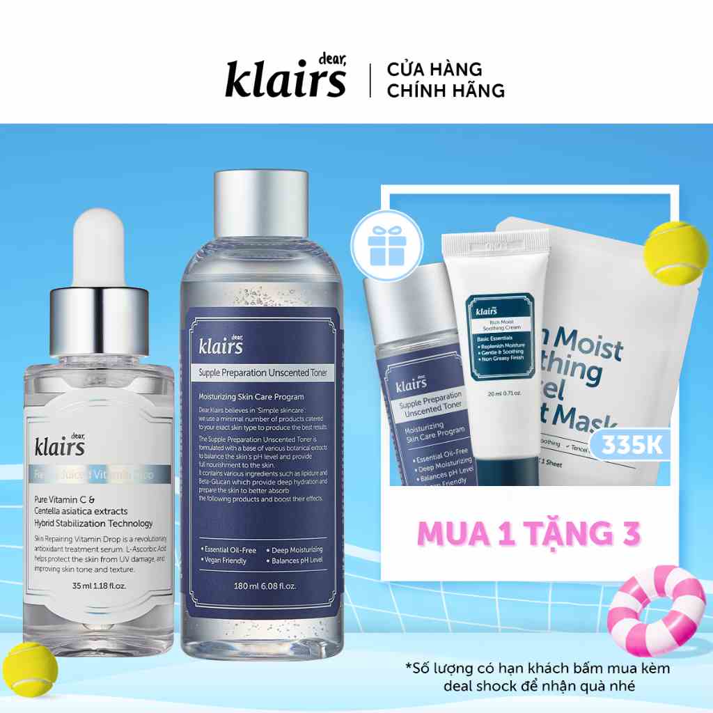 Combo Dear Klairs Freshly Juiced Vitamin Drop + Supple Preparation Unscented Toner 180ml