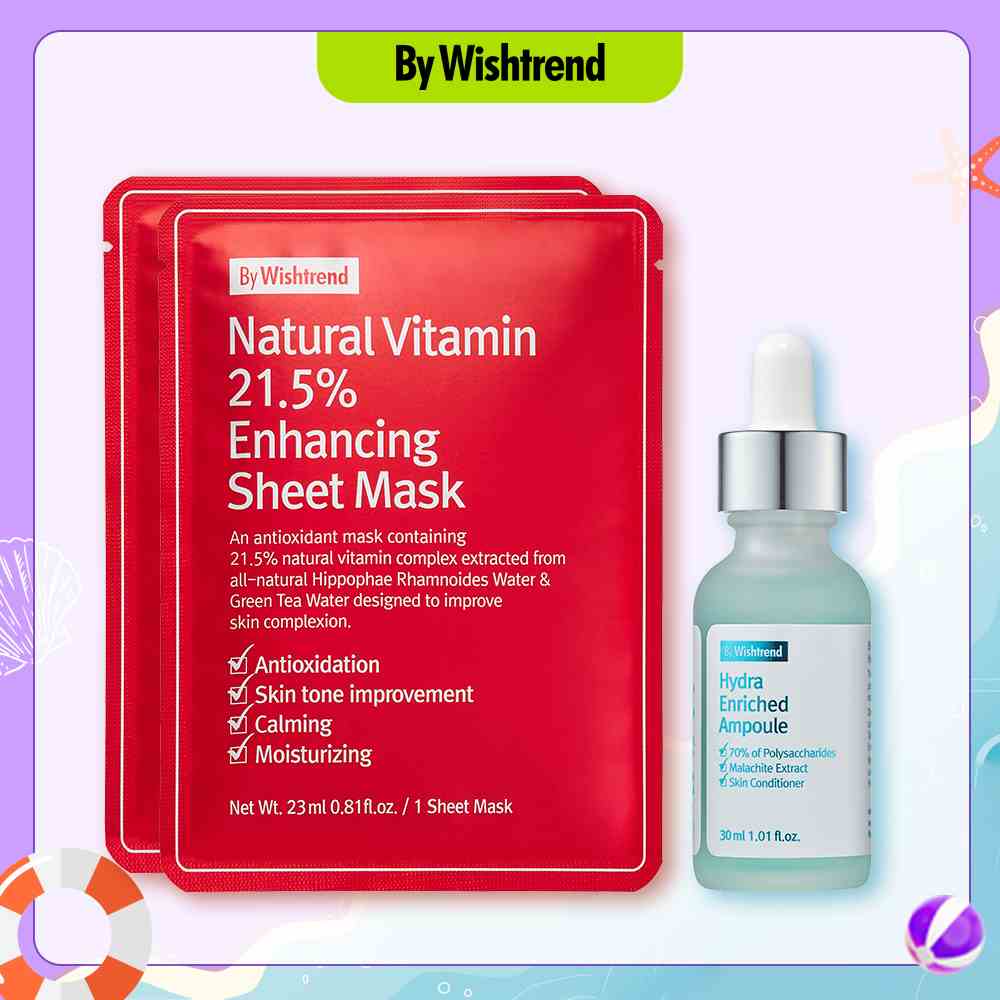 Combo By Wishtrend tinh chất Hydra Enriched Ampoule 30ml + 2 mặt nạ giấy Natural Vitamin 21.5% Sheet Mask 23ml