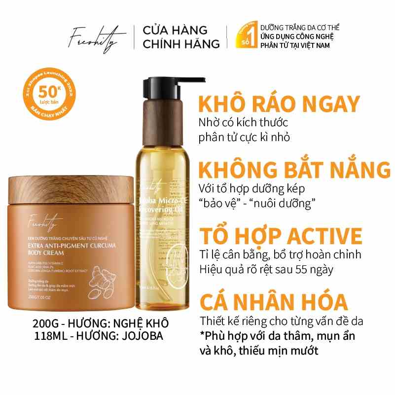 Bộ dưỡng giảm mụn lưng Freshity Kem Dưỡng Trắng Da Từ Củ Nghệ 200g và Dầu Dưỡng Jojoba Vi Chất Vitamin CE 118ml