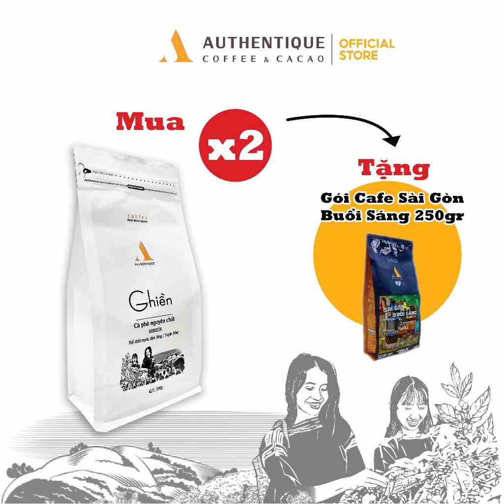 Combo 2 túi Cà phê Ghiền 500gr - 100% Robusta - Rang xay nguyên chất - Vị đậm, đắng | Authentique Coffee