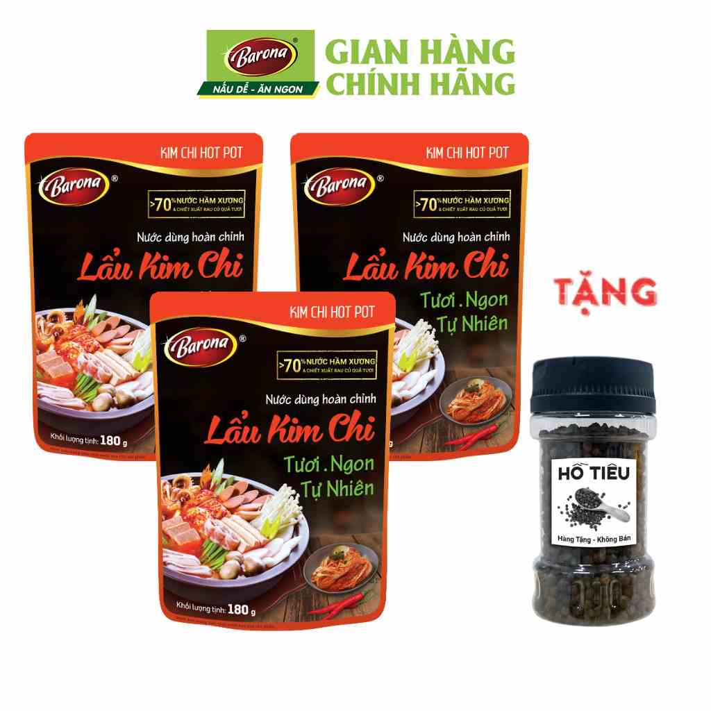 Combo 3 gói Nước dùng Lẩu Kim Chi Barona 180g, tặng tiêu hạt