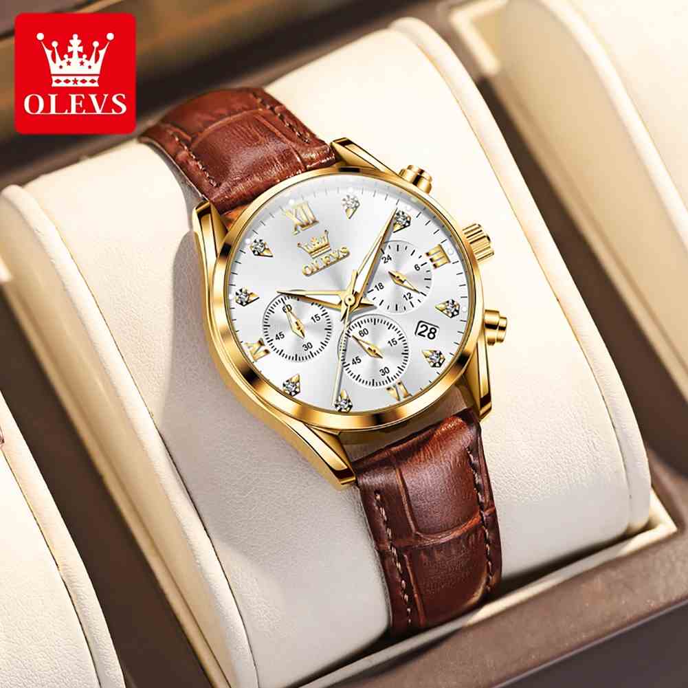 OLEVS 5523 Đồng hồ nữ dây da chính hãng đa chức năng lịch ngày ba mắt sáu kim chronograph dạ quang chống thấm nước