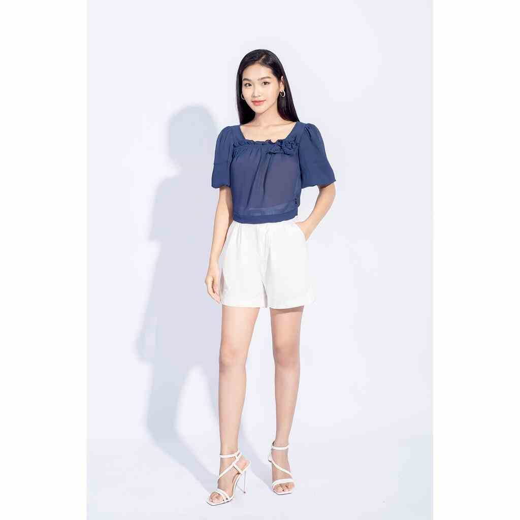 Áo sơ mi croptop bo chun sau, cổ vuông, nhún bèo, đính hoa, tay ngắn MMOutfit M-AO050321123