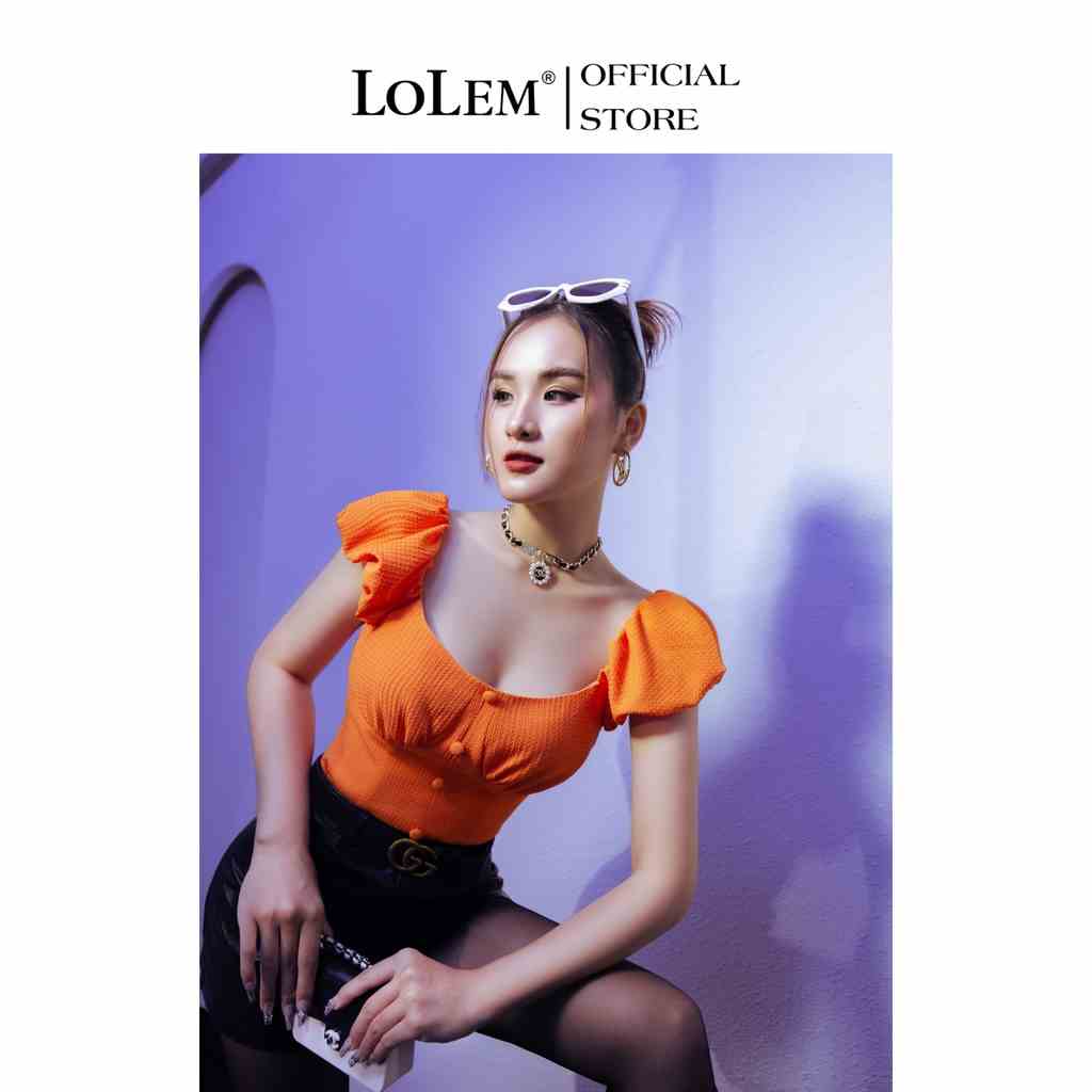 Áo croptop kiểu LOLEM AK1315 cổ vuông vải cotton dập nhún