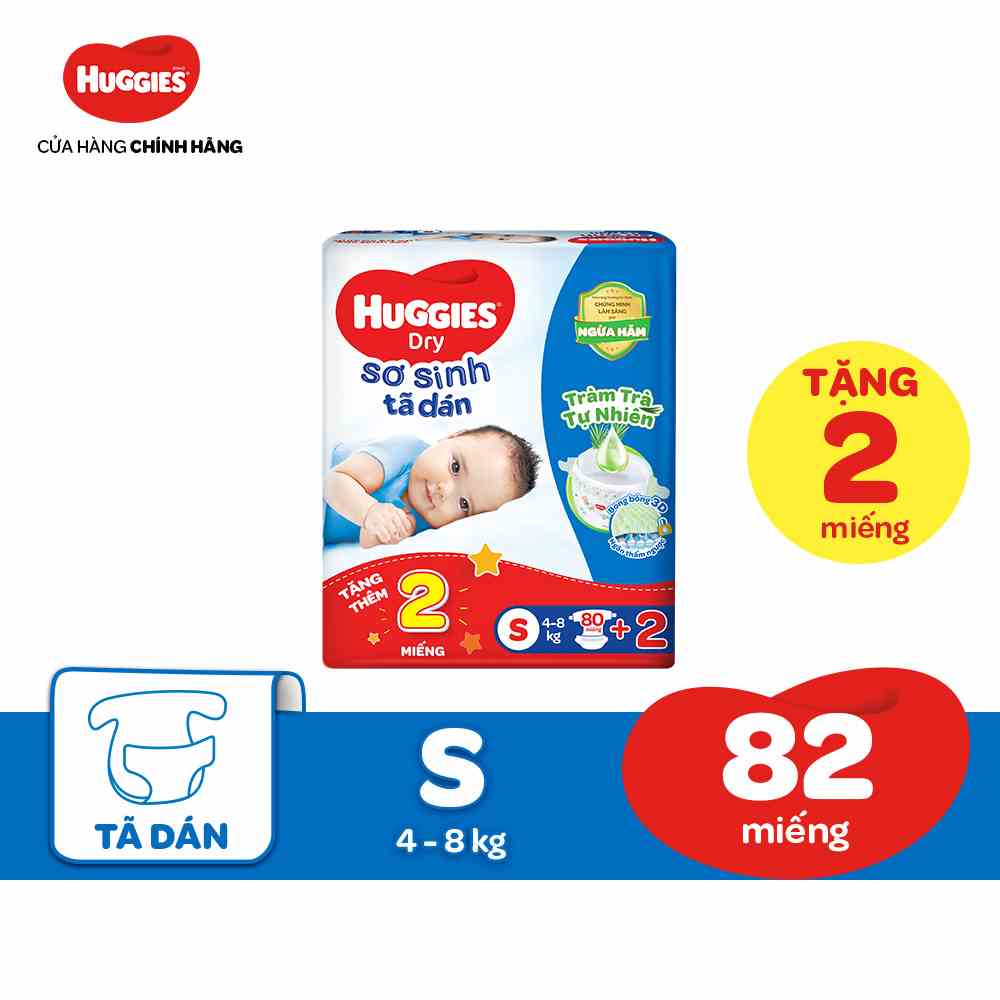 [HUGMAR33B-10% max 60k đơn 400k] Tã dán sơ sinh Huggies Dry S 80 miếng + tặng 2 miếng