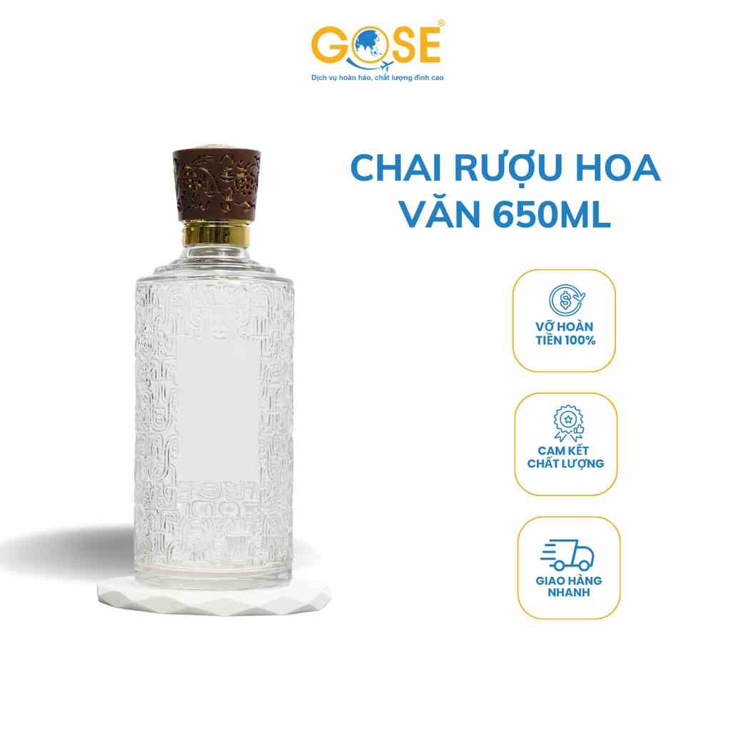 [Mã BMLTB35 giảm đến 35K đơn 99K] Chai thủy tinh đựng rượu 650ml GOSE thiết kế hoa văn nắp nâu sang trọng