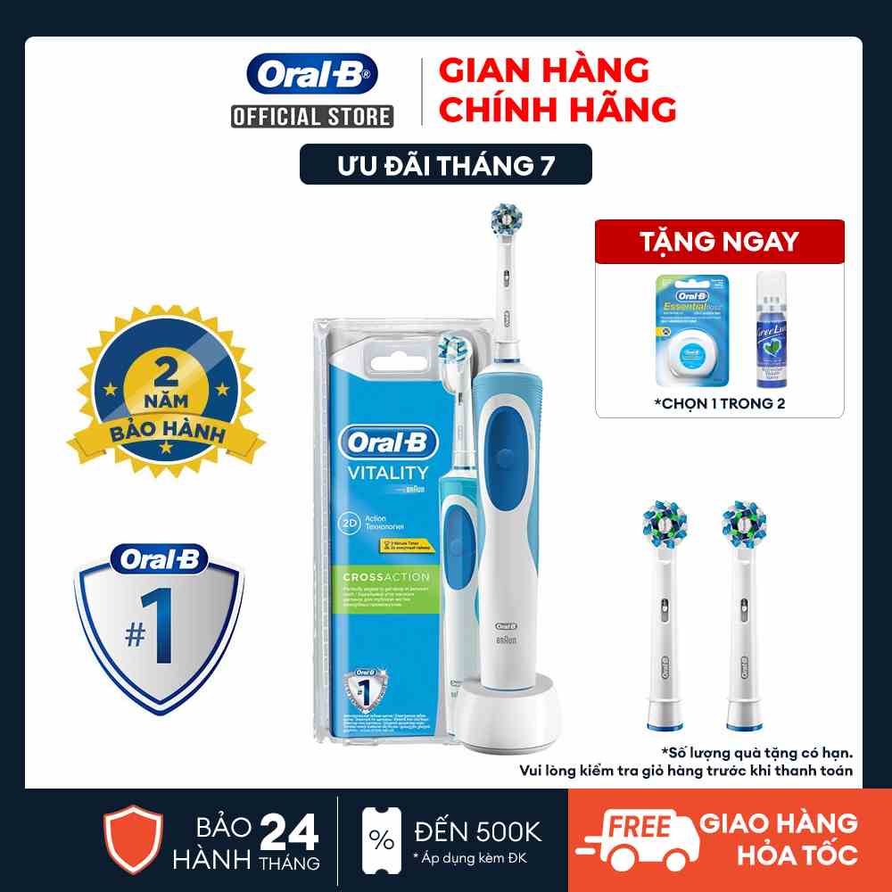 COMBO Bàn chải đánh răng điện Oral-B Vitality CrossAction Blue D12.513 và 2 Đầu bàn chải Oral-B CrossAction.