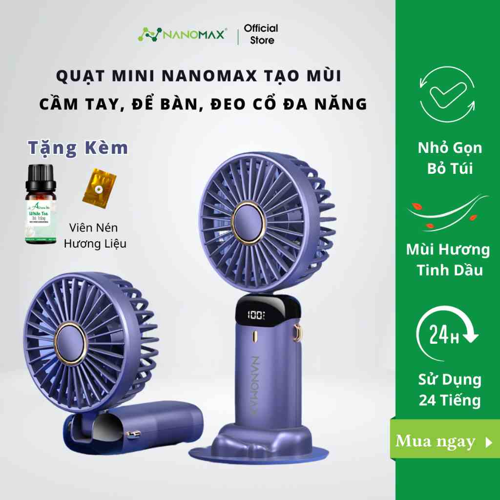 Quạt Mini Cầm Tay Nanomax N15 Gấp Gọn Để Bàn, Đeo Cổ, Sử Dụng Liên Tục Lên Đến 24 Tiếng, Pin Lithium Lõi Kép