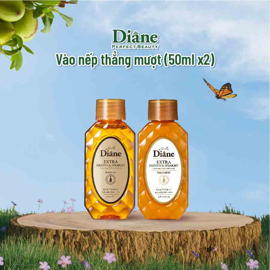 Cặp Gội Xả Vào Nếp Suôn Mượt Moist Diane Extra Straight dành cho mái tóc khô, quăn, không vào nếp 50ml*2