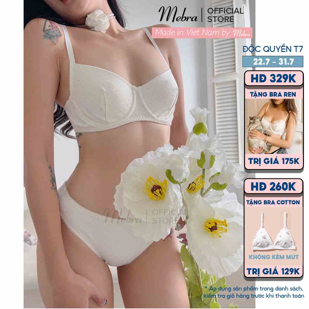 [MỚI] Set đồ lót cotton trắng sữa hoạ tiết chấm bi hồng có gọng không mút cotton Hàn mát mẻ Mebra A107